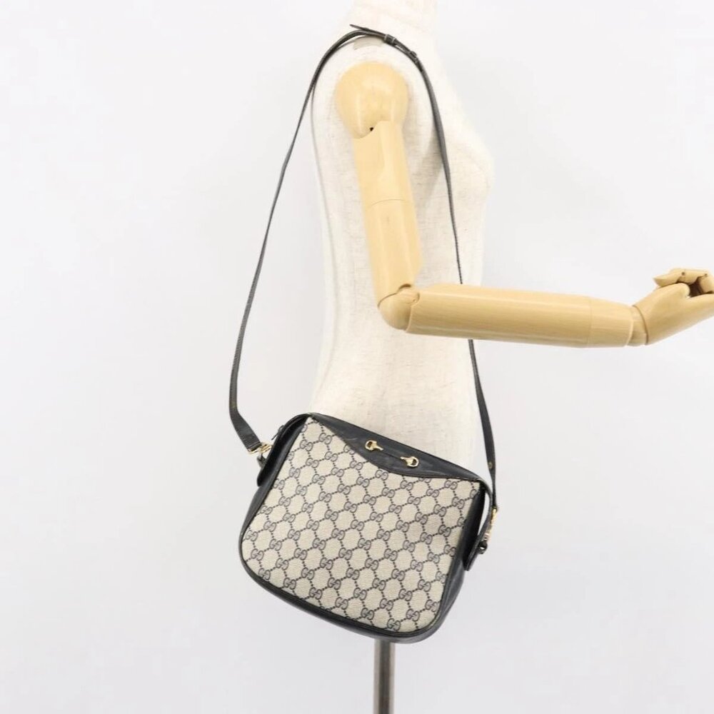 GUCCI GG Supreme Horsebit Shoulder Bag PVC Navy Gold Silver Auth 150026